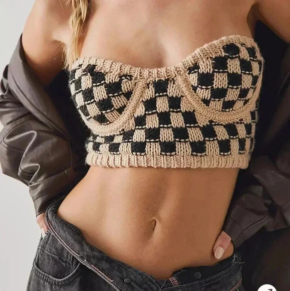For Love and Lemons Bustier Crop Top Strapless Underwire Checkered Print L - Picture 2 of 3